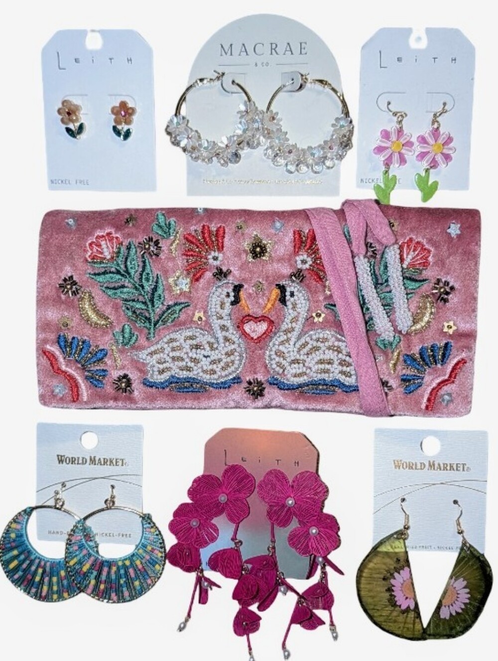 World Market & Leith Earrings Bundle; 6 Pairs w/ Beaded Velvet Jewelry Bag